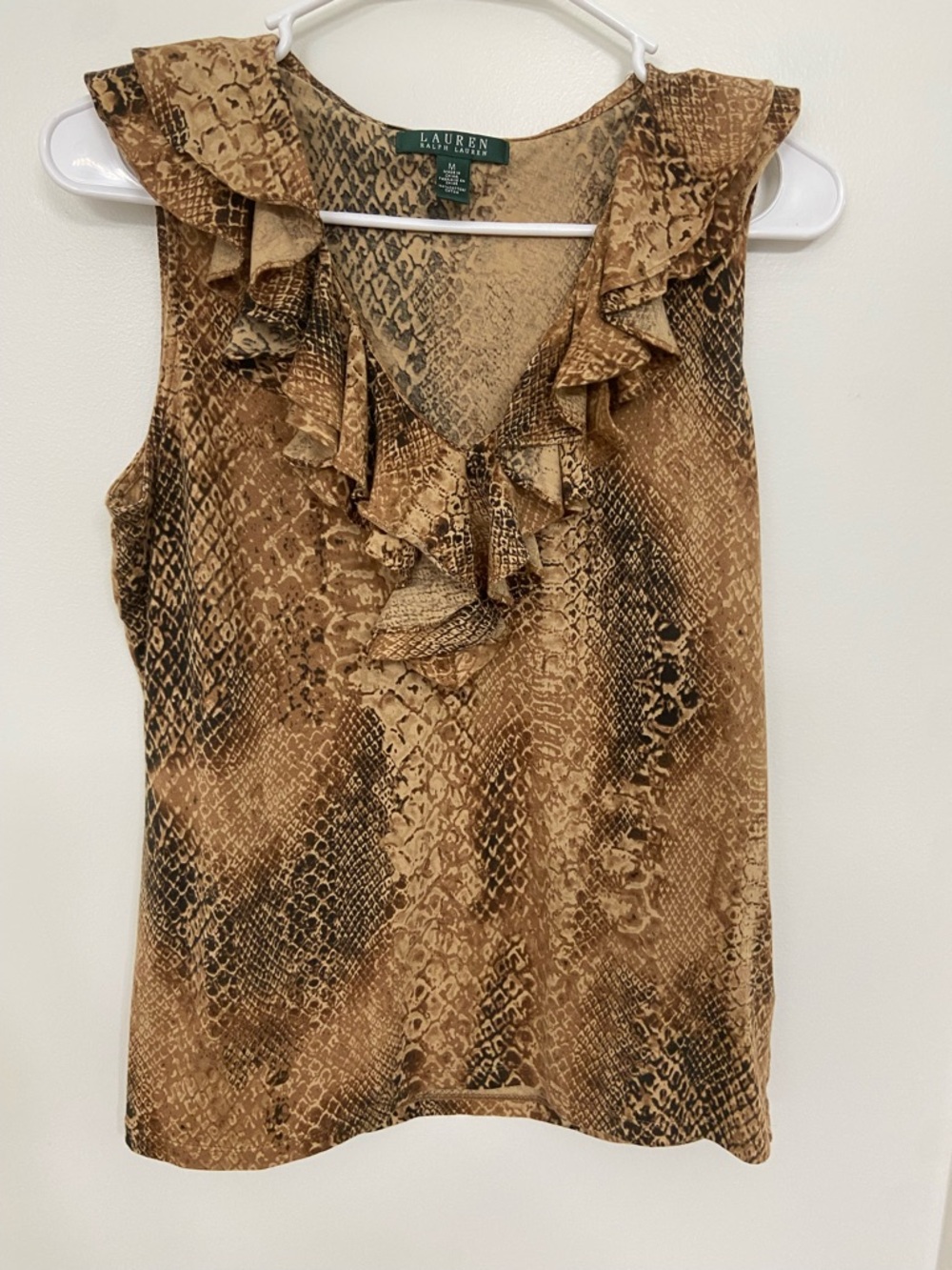 Ralph Lauren Brown Snake-Print Ruffle V-Neck sleeveless top